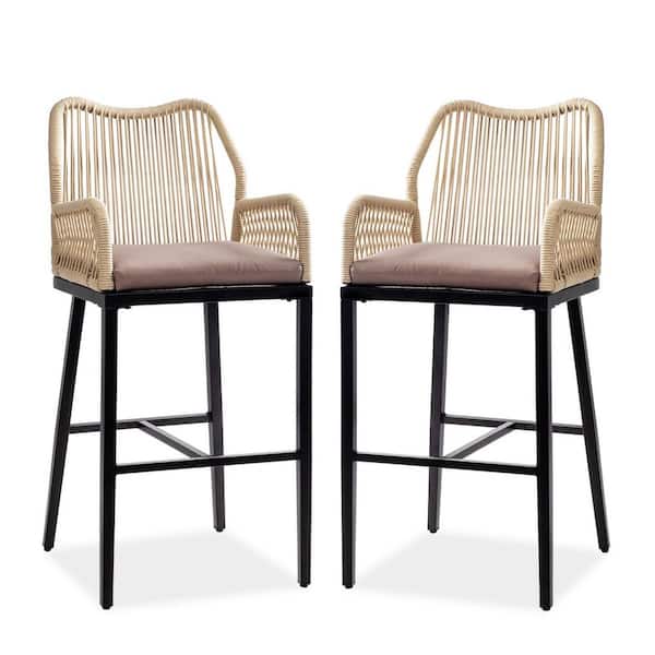 Metal Outdoor Bar Stool with Gray Cushion, Rattan Outdoor Barstools Set of 2 with Backrest Patio Bar Chairs for Balcony