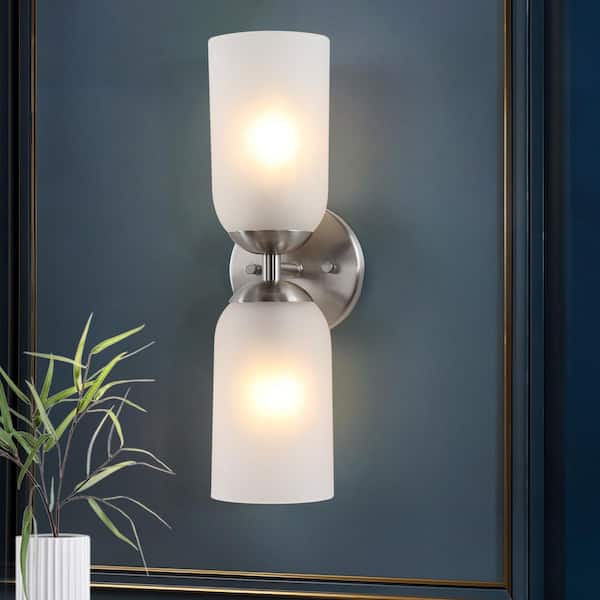 Elysian 4.7 in. 2-Light Polished Nickel Modern Wall Sconce with Frosted Glass Shade for Bathroom Vanity and Hallway