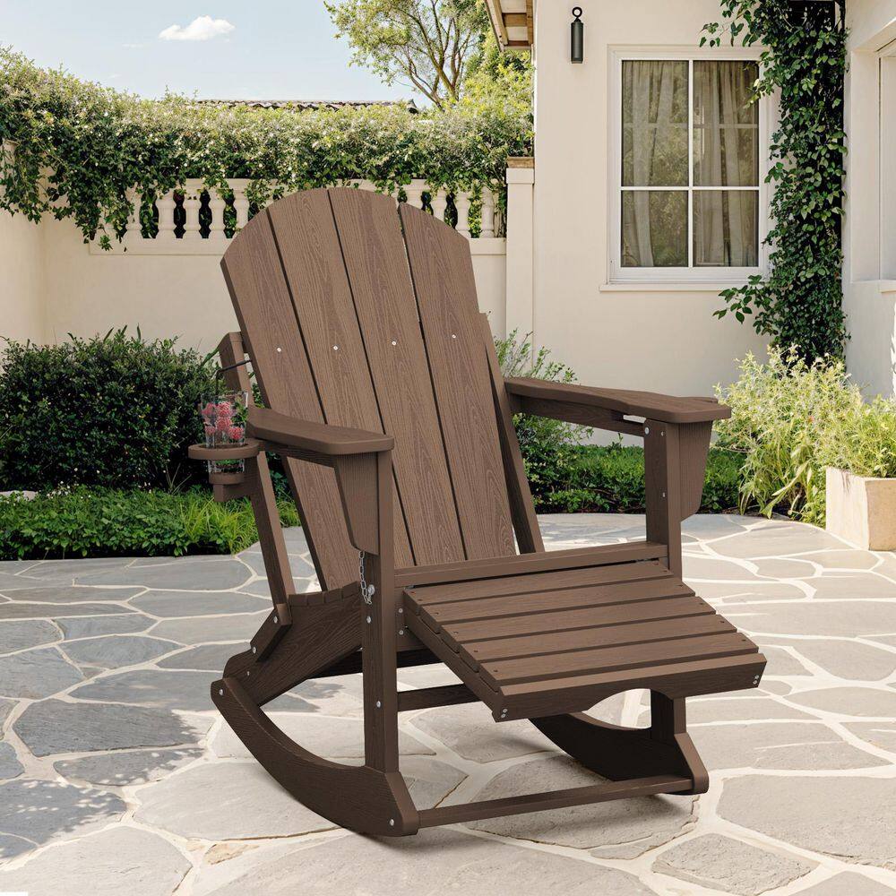 Adirondack Plastic HDPE Folding Outdoor Rocking Chair with Retractable Ottoman and Cup Holder for Patios in BRown price history on PriceWatchPro
