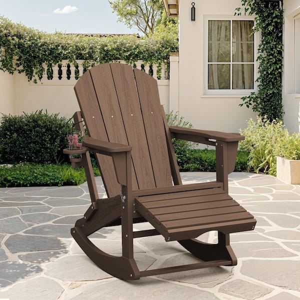 JEAREY Adirondack Plastic HDPE Folding Outdoor Rocking Chair with Retractable Ottoman and Cup Holder for Patios in BRown
