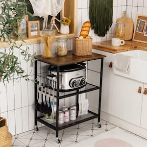 3-Tier Brown Kitchen Serving Cart Utility Standing Microwave Rack with Hooks