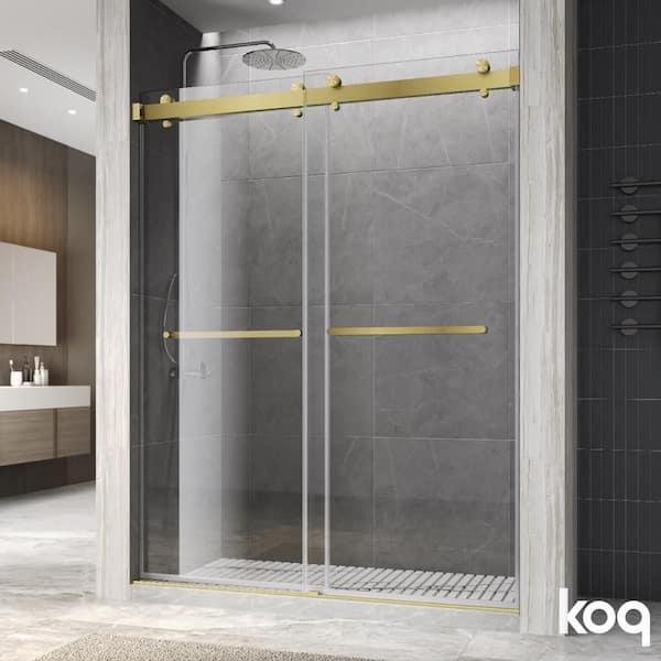 54 in. W x 76 in. H Double Sliding Frameless Shower Door in Brushed Gold Finish with 3/8 in. Clear Tempered Glass