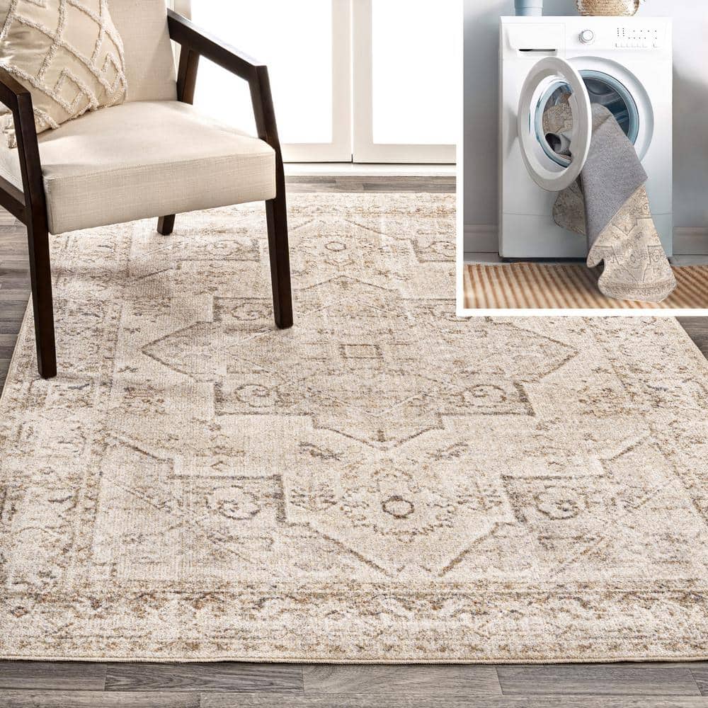 Cream and Brown Medallion Washable Synthetic Area Rug 5'3" x 7'7"