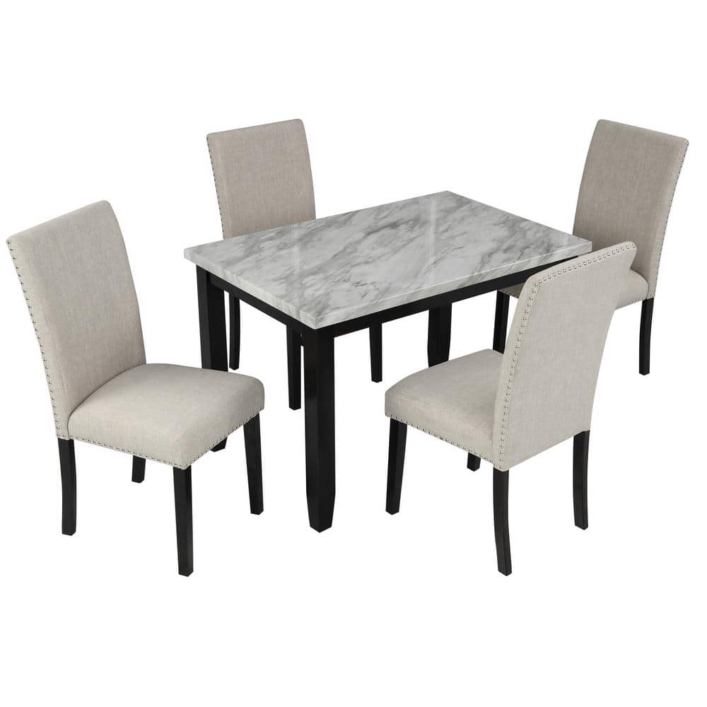 5-Piece Beige Dining Set Faux Marble Table with 4 Thicken Cushion ...
