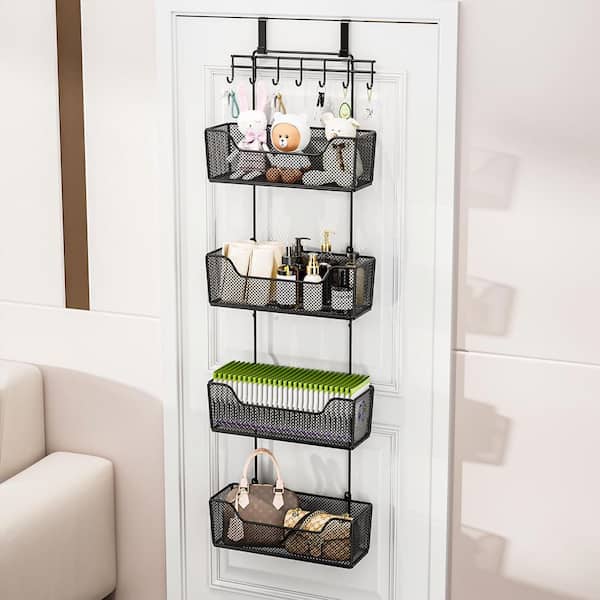Black Over The Door Organizer, Hanging Door Storage Organizer with Metal Baskets and Adjustable Coat Hooks