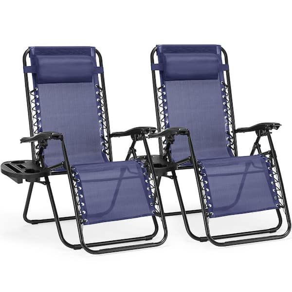 Unbranded Matel Outdoor Zero Cravity Lounge Chairs, Patio Folding Recliners with Pillow and Cup Holder for Pool in Blue Set of 2