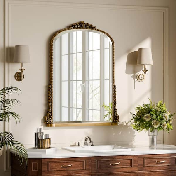 Antique Gold 23.8 in. W x 31.8 in. H Arched Modern Polyurethane Framed with Decoration Vanity Mirror Wall Mirror