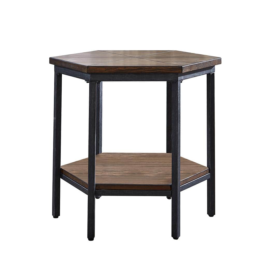 Mocha Hexagonal Wooden End Table with Iron Base and Storage