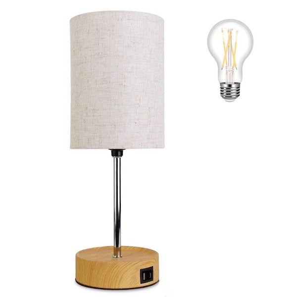 Unbranded 15.7 in. Wooden 3 Way Dimmable Touch Control Table Lamp with USB C+A Ports Cream Cylinder Fabric Shade for Living Room