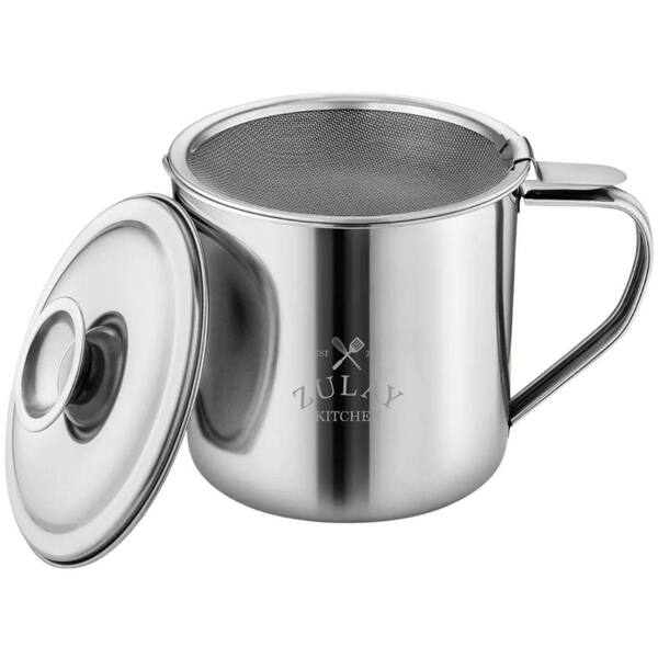 Large 1L Stainless Steel Bacon Grease Container with Strainer, Lid & Handle for Kitchen Oils and Fats