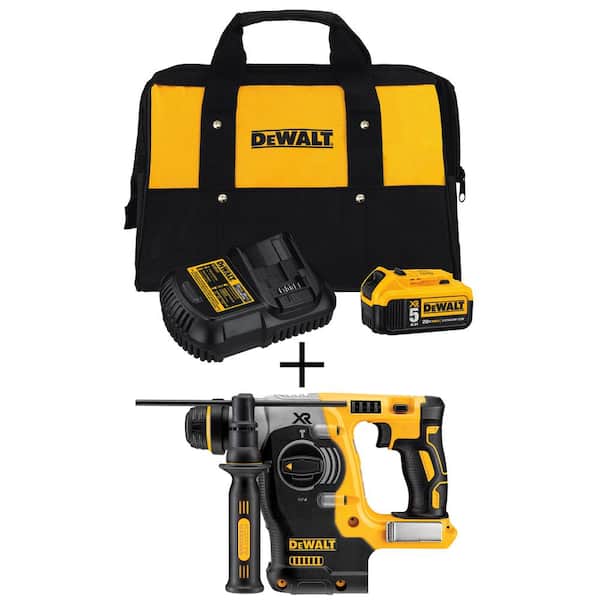 DEWALT 20V MAX XR Cordless Brushless 1 in. SDS Plus L-Shape Rotary Hammer, (1) 20V Lithium-Ion 5.0Ah Battery, and Charger