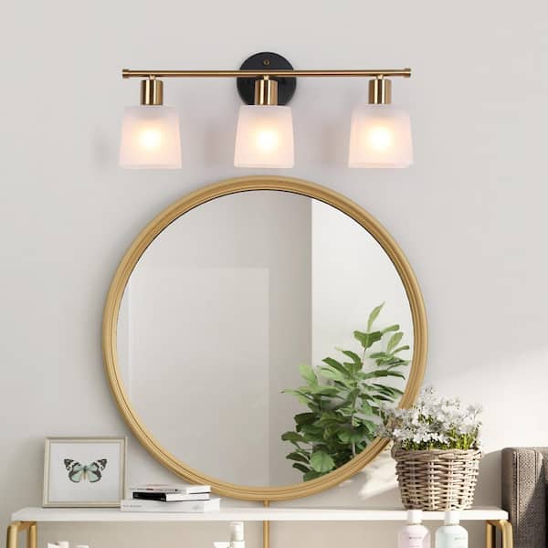 Modern Bathroom Vanity Light, 3-Light Black and Gold Powder Room Wall Sconces with Square Frosted Glass Shades