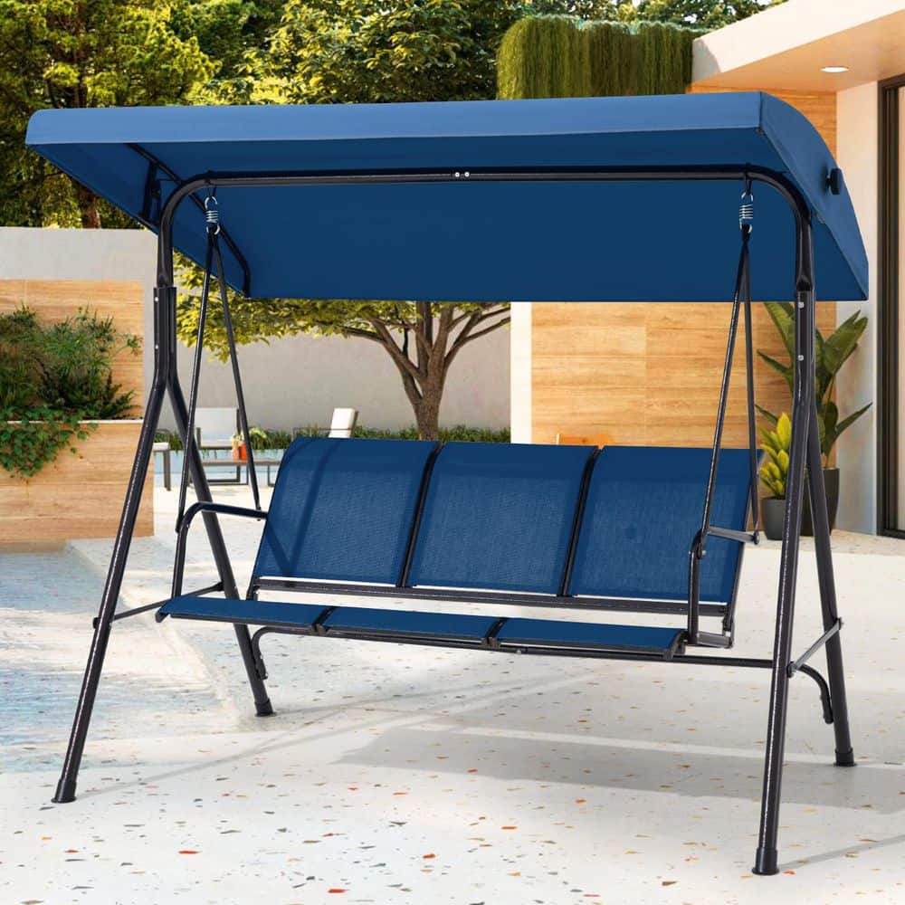 2-Person Black Metal Patio Swing with Blue Cushions and Adjustable Canopy