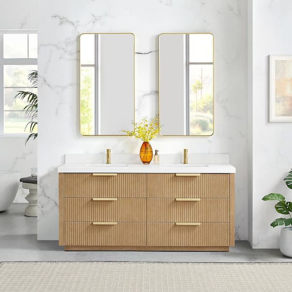 Santarem 72 in.W x 22 in.D x 34 in.H Double Sink Bath Vanity in Washed Ash Grey with Pure White Quartz Stone Top