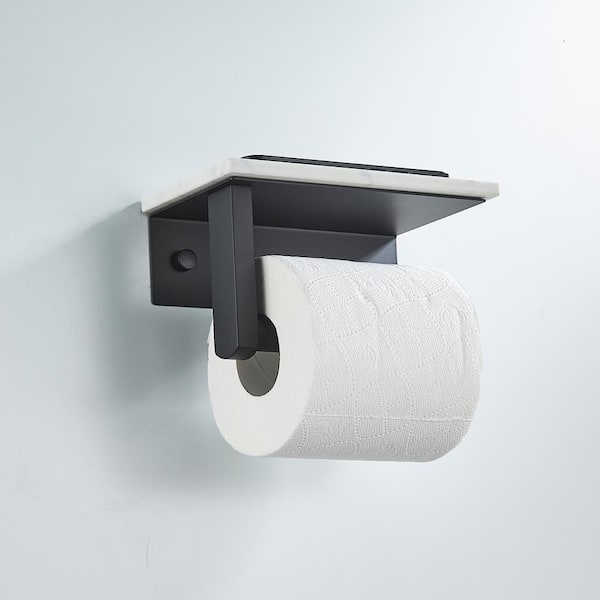 Wall Mount Single Post Toilet Paper Holder with Marble Shelf in Matte-Black