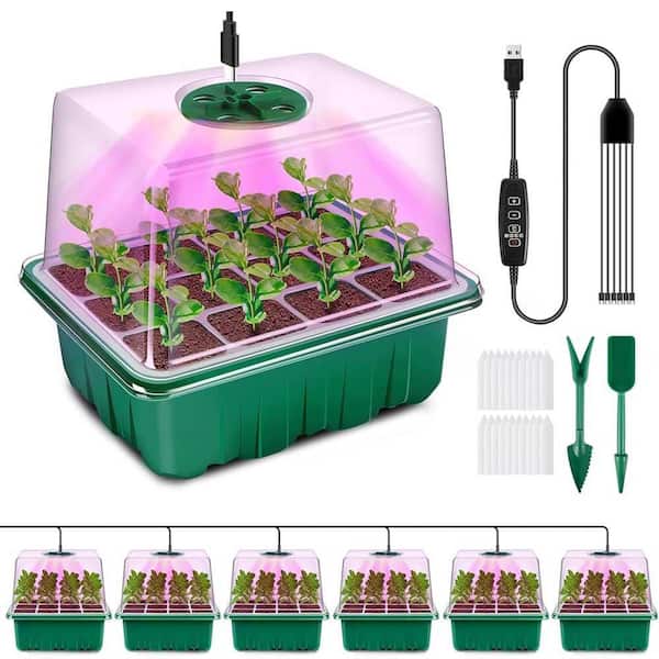 6-Pack Seed Starter Tray Kit w/ Full Spectrum LED Grow Lights Adjustable Brightness Timer Humidity Domes Heightened Lids