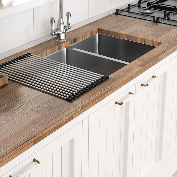 33 in. Undermount Double Bowl (60/40) 16-Gauge Brushed Nickel Stainless Steel Kitchen Sink with Bottom Grids