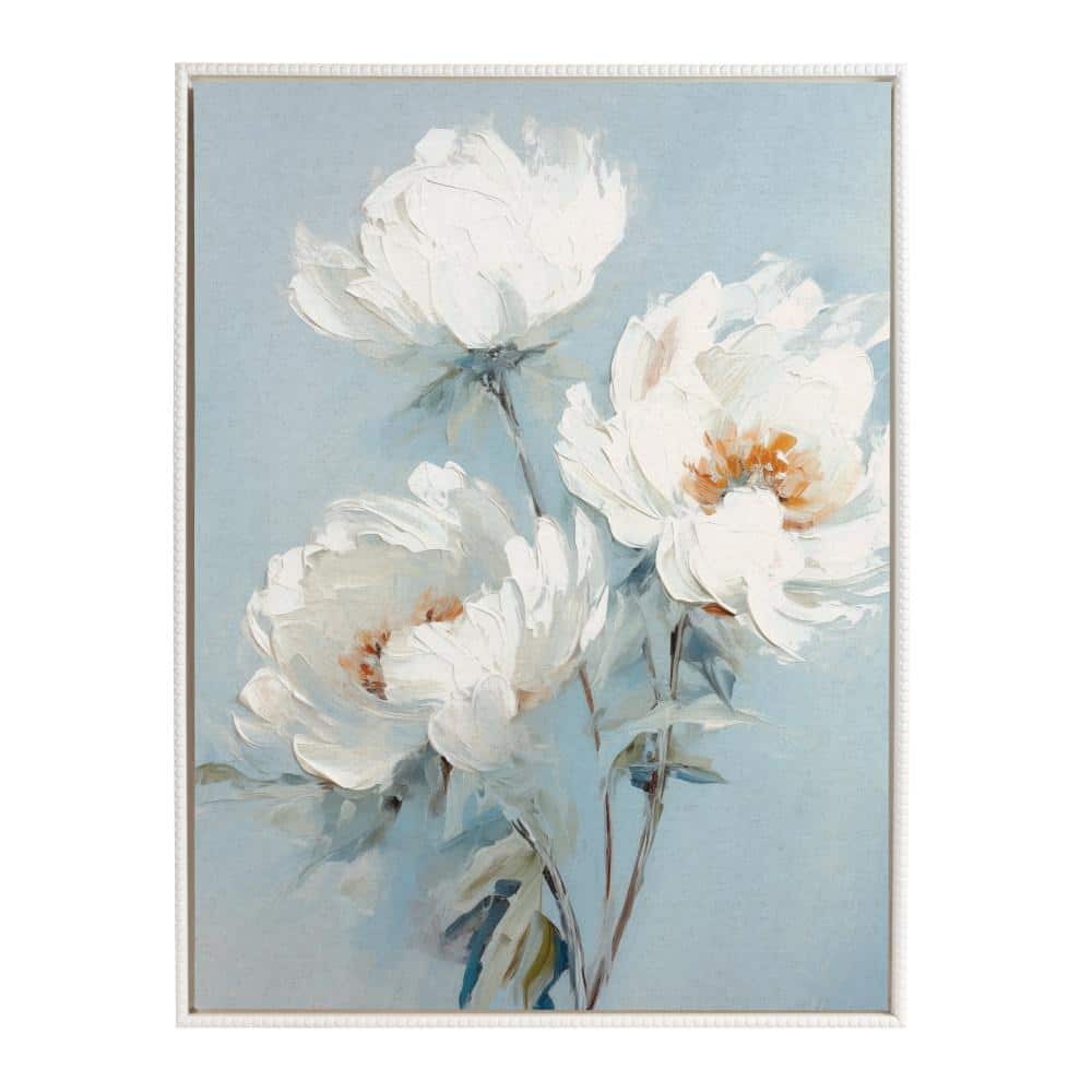 White Peonies on Ocean Blue Canvas with Beaded Frame