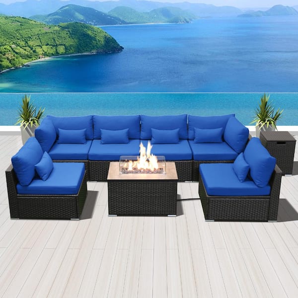 eVita 7-Piece Wicker Patio Conversation Set with Gas Fire Pit Table and Royal Blue Cushions