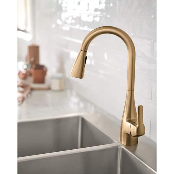 Kiran Bronzed Gold 17 in. H Pull Down Sprayer Kitchen Faucet with 360° Spout Swivel and Reflex System