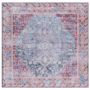 Tucson Blue/Red 6 ft. x 6 ft. Machine Washable Striped Distressed Border Square Area Rug