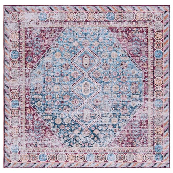 SAFAVIEH Tucson Blue/Red 6 ft. x 6 ft. Machine Washable Striped Distressed Border Square Area Rug