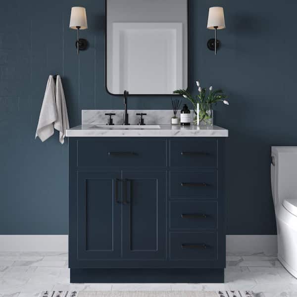 Hepburn 36 in. Single Sink Freestanding Bathroom Vanity in Midnight Blue with Carrara White Marble Top
