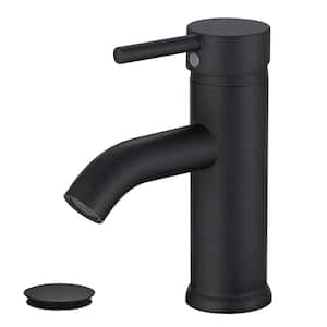 Simple Single Waterfall Handle Single-Hole Bathroom Brass Sink Faucet with Pop-Up Drain Assembly Kit Included in Black