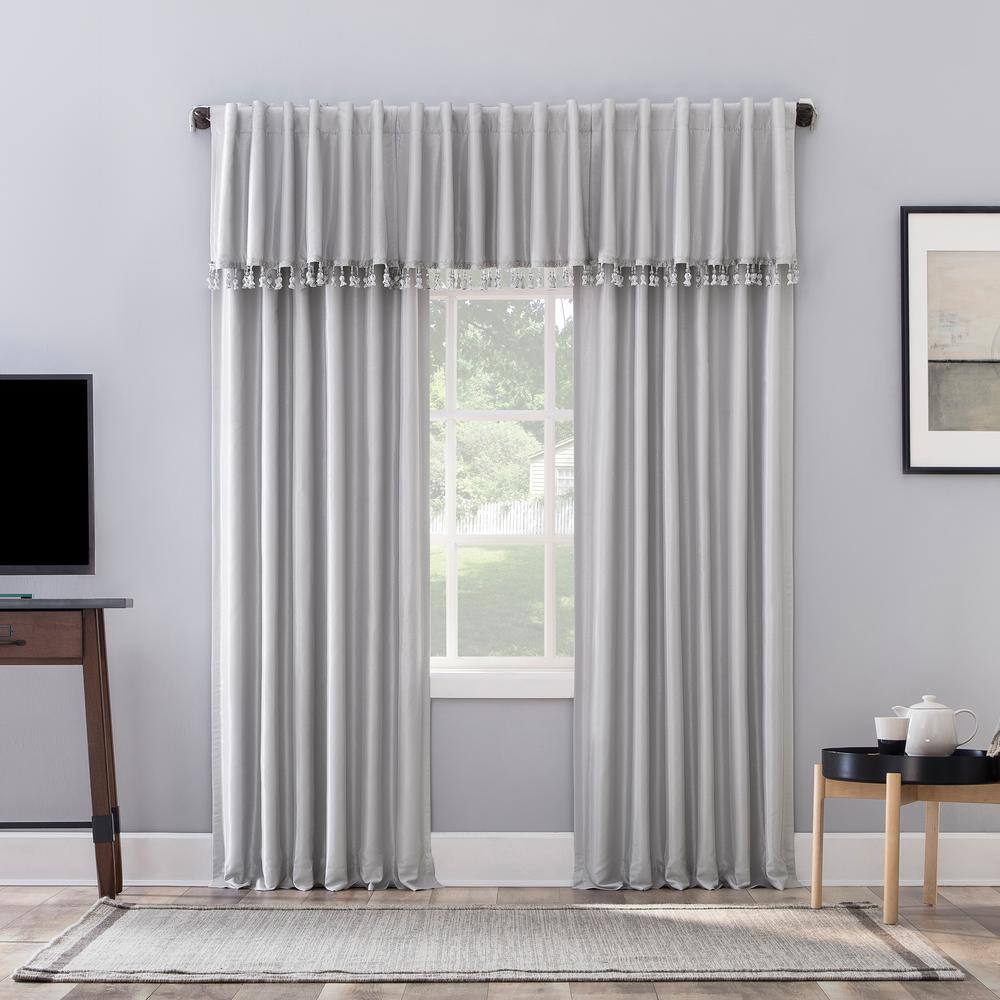 Chrome Gray Faux Silk Blackout Valance with Beaded Tassels