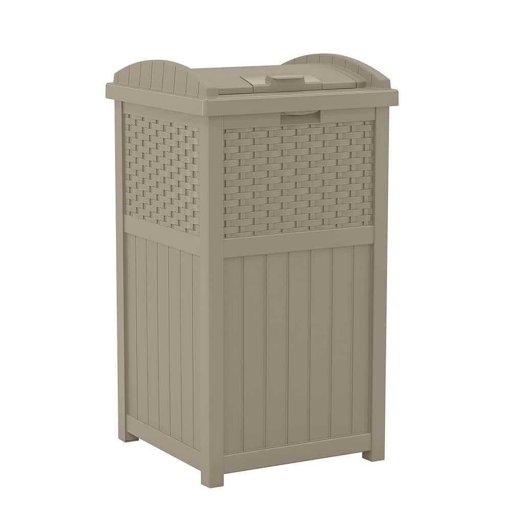 17 in. W x 17 in. D x 31.5 in. H Dark Taupe Plastic Hideaway Outdoor Trash Can Storage, Gray