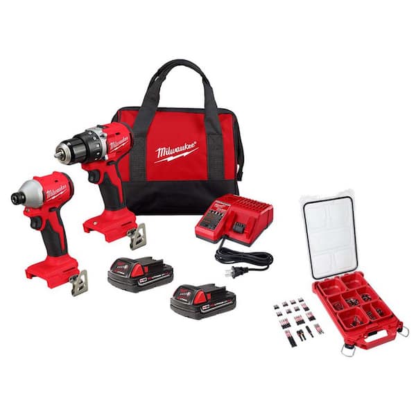 Milwaukee M18 18V Lith-Ion Brushless Cordless Compact Drill/Impact Combo Kit w/(2) 2.0 Ah Batteries, Charger & Bit Set (100-Piece)