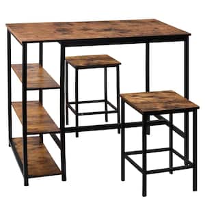3-Piece Industrial Brown Bar Table Set with Bar Stools
