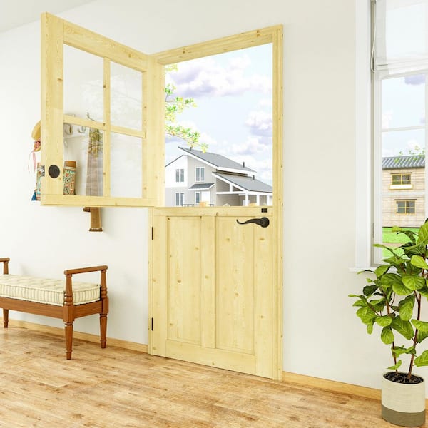 36 in. x 80 in. Universal 4-Lite Clear Glass and 2-Panel Unfinished Dutch Door with Lock Wood Front Door Slab