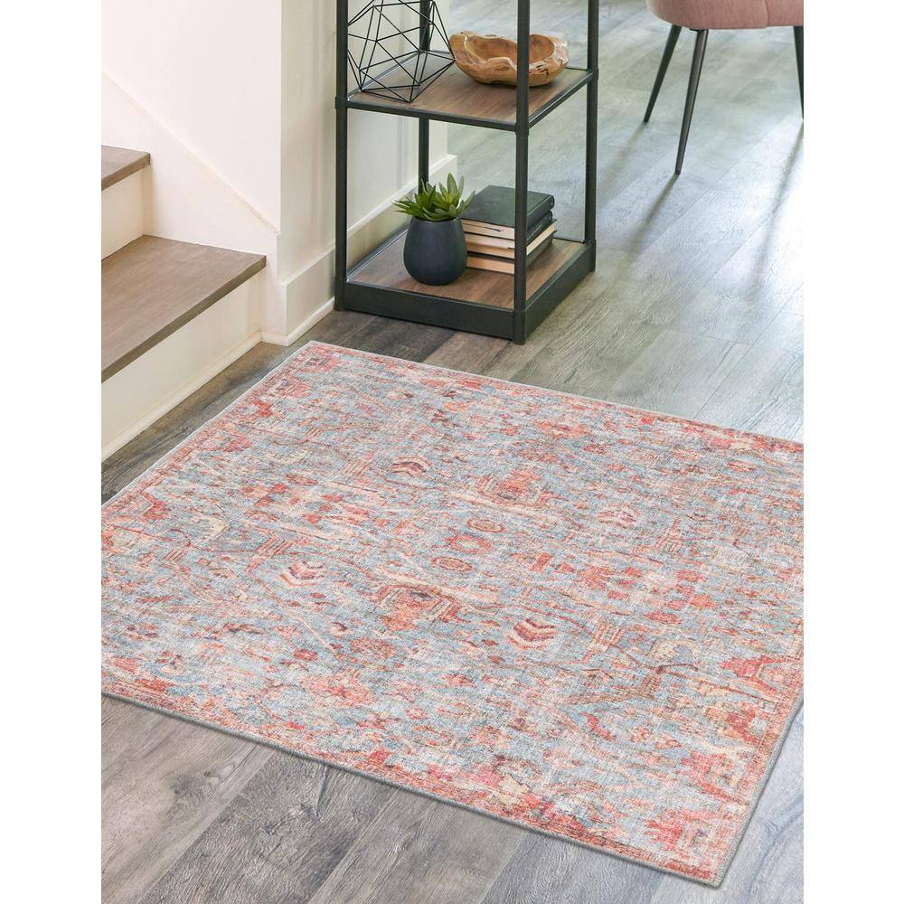 Antique Blue Square Washable Synthetic Area Rug