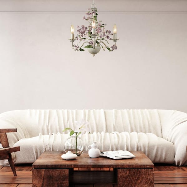 Hanover Rustic Floral 3-Light Mini Chandelier for Hardwire or Plug-In Swag Installation, Antique Cream Frame with Purple Flowers