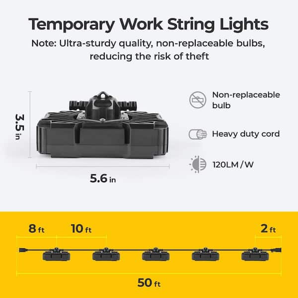 120-Volt Integrated LED Work String Lights, 50 ft. 5-Light Heads, 90W 10800 LM Linkable Hanging Jobsite Light