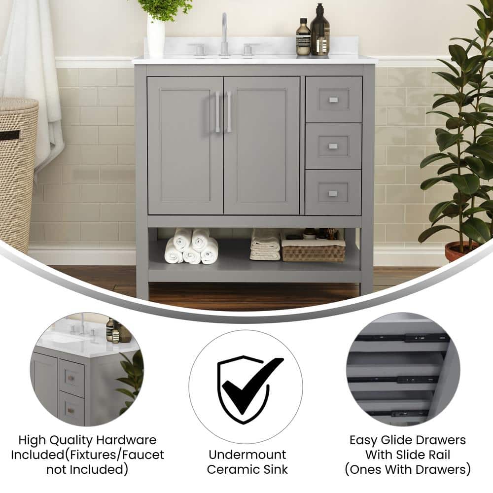 Gray Composite Freestanding Bathroom Vanity with White Stone Top