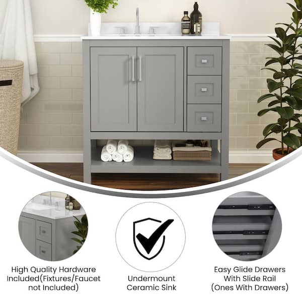 Vivien 36 in. Single Sink Freestanding Gray Bath Vanity with White Stone Top Assemble with Soft Close Drawers