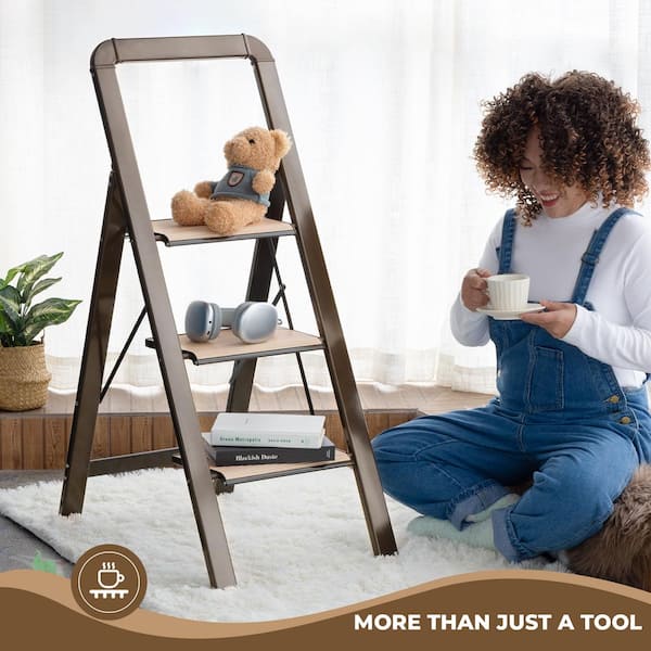 3-Step Reach Aluminium Foldable Step Stool with Wide Anti-Slip Pedals, 580 lbs. Capacity, Brown