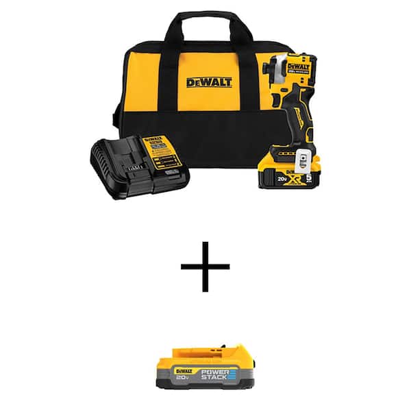 DEWALT ATOMIC 20V MAX Lithium-Ion Cordless 1/4 in. Brushless Impact Driver Kit w/5Ah Battery & POWERSTACK Compact 2Ah Battery