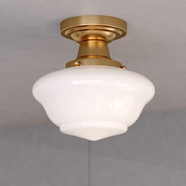 VAXCEL Eastgate 8.75 in. W Gold Brass Contemporary Semi Flush Mount Ceiling Light White Schoolhouse Glass