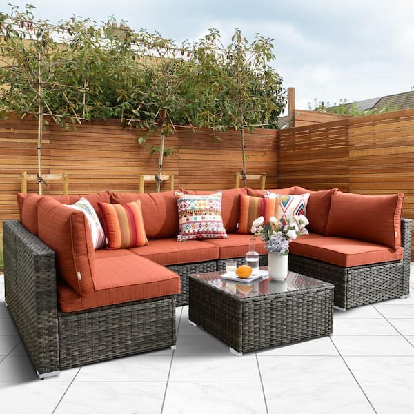 Toject Maire Gray 7-Piece Wicker Outdoor Patio Conversation Sofa Seating Set with Orange Red Cushions