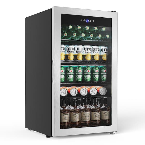 17.51 in Single Zone 140 Plus Cans Beverage Refrigerator Freestanding in Silver Stainless Steel White LEDs Beer Cooler