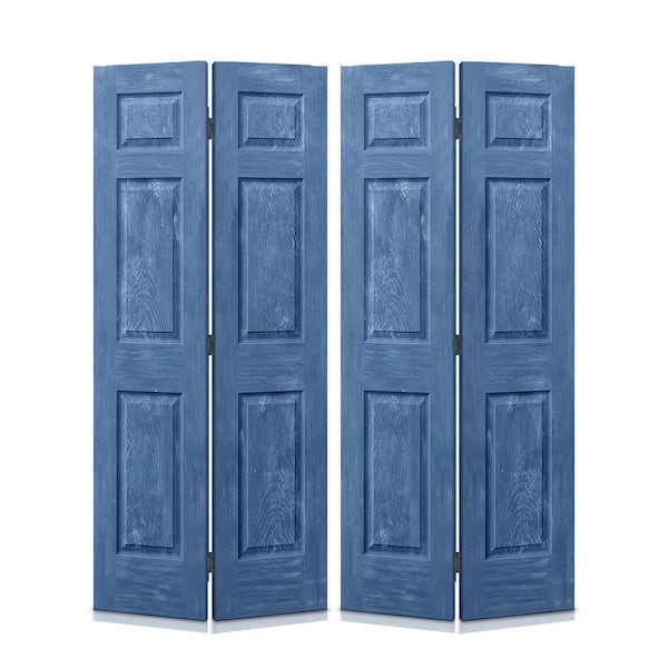 CALHOME 60 in. x 80 in. Vintage Blue Stain 6 Panel MDF Composite Bi-Fold Double Closet Door with Hardware Kit