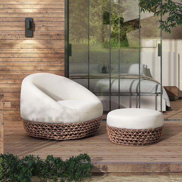 Willow 2-Pieces Upholstered Woven Patio Armchair Set with Ottoman in Wheat Beige Axroma Olefin