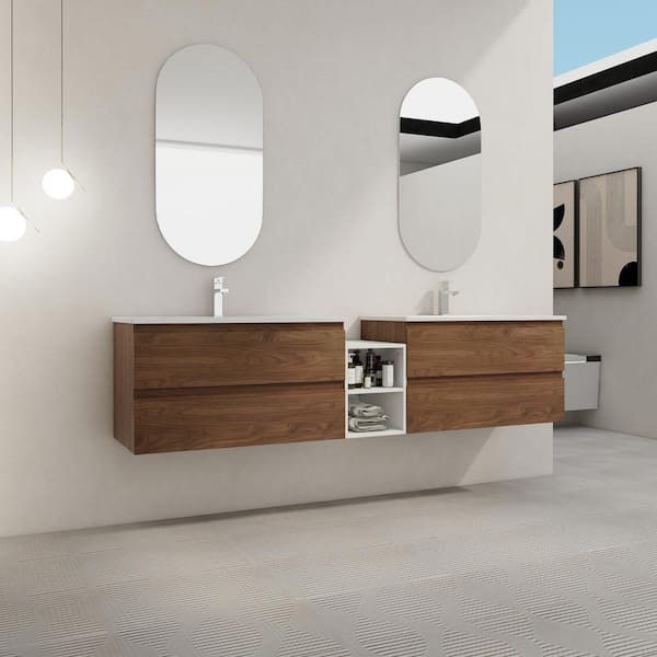 Bohemia 84 in. W X 18.3 in. D x 20.5 in. H Floating Bath Vanity in Brown Oak with White Ceramic Vanity Top