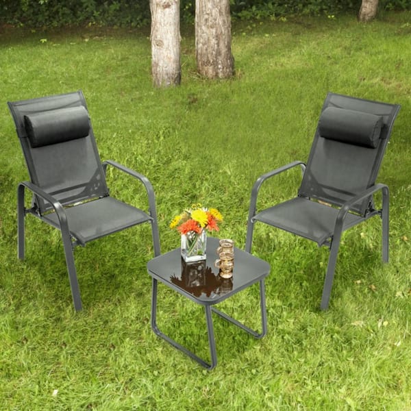 3-Piece Gray Metal Stackable Bistro Patio Conversation Set with Adjustable Backrest and Tempered Glass Table