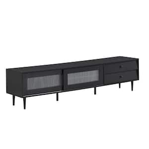Chic and Elegant Black TV Stand Fits TVs up to 75 in. with Sliding Fluted Glass Doors and Slanted Drawers