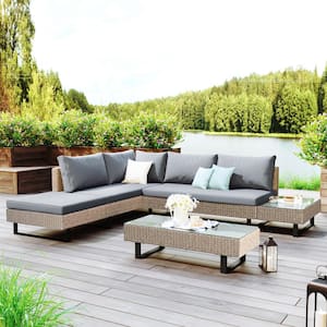 Beige 3-Piece PE Wicker Outdoor L-Shaped Sectional Sofa Patio Furniture Set with Glass Table and Light Gray Cushions
