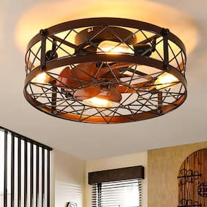 20 in. 4-Light indoor Wood Grain Farmhouse Caged Low Profile Ceiling Fan Flush Mount Remote Control with Bulbs Included